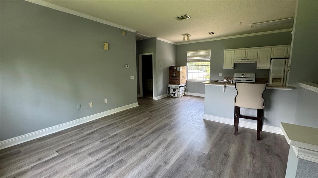 A living room with light gray walls and wood-look flooring opens to a kitchen area — 234 SOUTHERN PECAN CIRCLE UNIT 202, WINTER GARDEN, FL