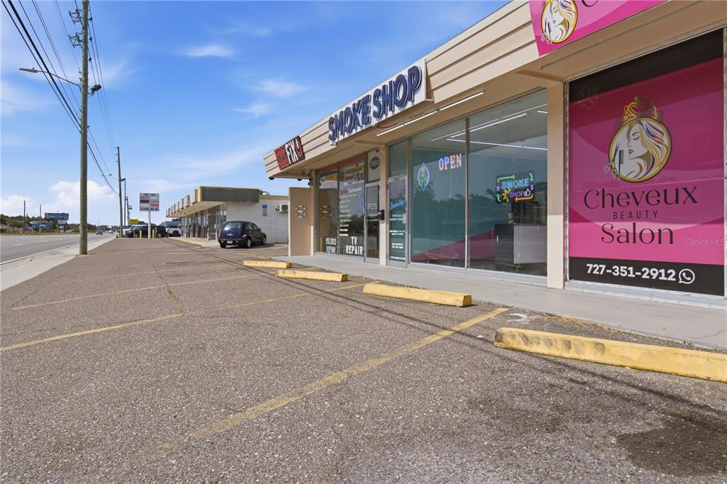 A strip mall exterior features a smoke shop and a beauty salon with parking spaces — SEMINOLE BOULEVARD, LARGO, FL