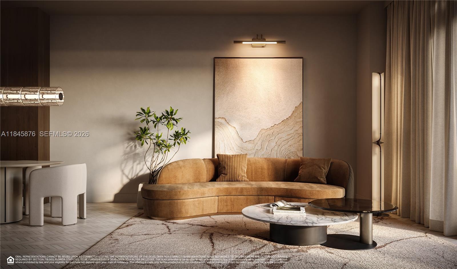 This rendering shows a modern living room featuring a curved sofa, marble coffee table, and artwork — 4241 Aurora St # 505, Coral Gables FL 33146, CORAL GABLES, FL