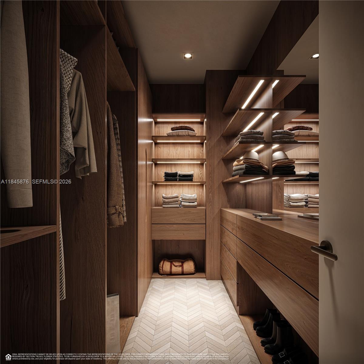 This rendering shows a modern walk-in closet with wood cabinetry, integrated lighting, and herringbone flooring — 4241 Aurora St # 505, Coral Gables FL 33146, CORAL GABLES, FL
