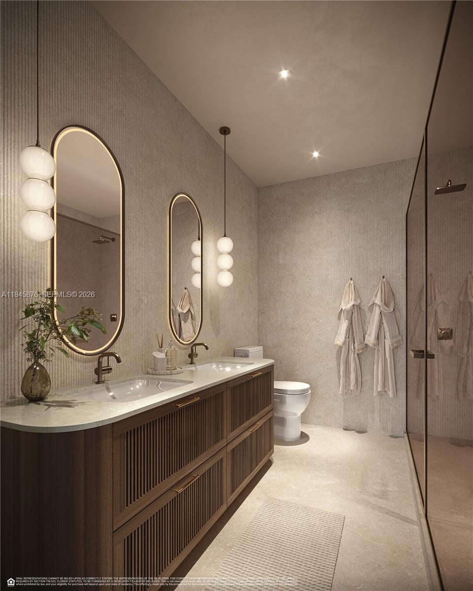 This rendering shows a modern bathroom with a double vanity, arched mirrors, and textured walls — 4241 Aurora St # 505, Coral Gables FL 33146, CORAL GABLES, FL