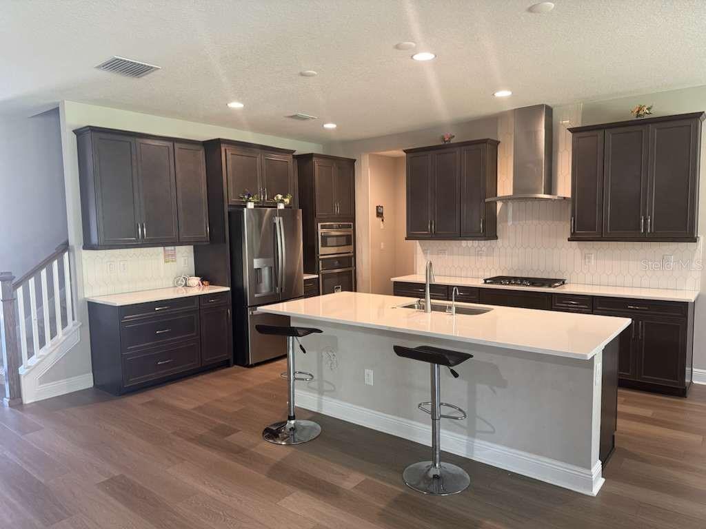 A modern kitchen features dark wood cabinets, white countertops, a central island, and stainless appliances — 14698 HORSE TROT ROAD, LITHIA, FL