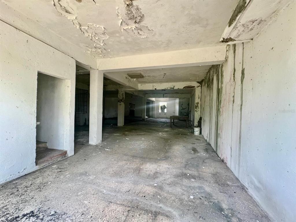 An unfinished, dilapidated interior space with exposed concrete columns, peeling ceiling paint, and stained walls — 51 AVENIDA TROCHE, CAGUAS, PR