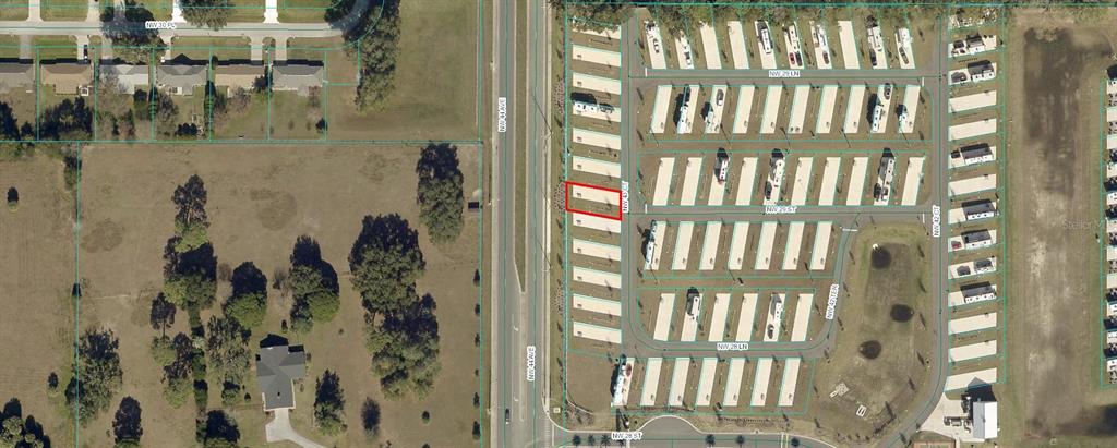 This is an aerial map view of a vacant lot within an RV park community — 2918 NW 43RD COURT, OCALA, FL