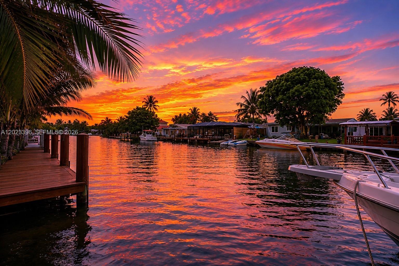 A wooden dock overlooks a canal with several boats at sunset under a colorful sky — 2730 Sherman St, Hollywood FL 33020, HOLLYWOOD, FL