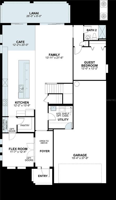 This is a floor plan of a single-story home featuring a garage, kitchen, and lanai — 7737 PAINTED SKY PLACE, LAND O LAKES, FL