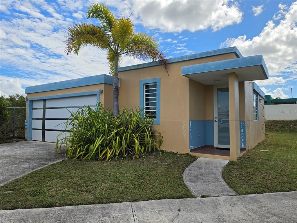 A single-story house with a tan exterior, blue trim, a garage, and a palm tree — 838 IMPERIAL, JUANA DIAZ, PR
