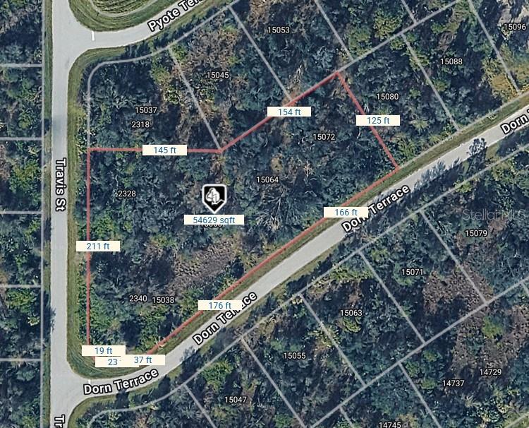 This is an aerial map showing a vacant, wooded lot with property boundary dimensions — 15038 DORN TERRACE, PORT CHARLOTTE, FL