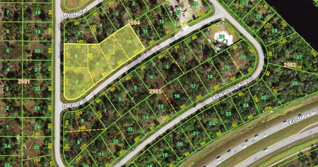This is a satellite map showing residential lots and street layouts in a wooded area — 15038 DORN TERRACE, PORT CHARLOTTE, FL