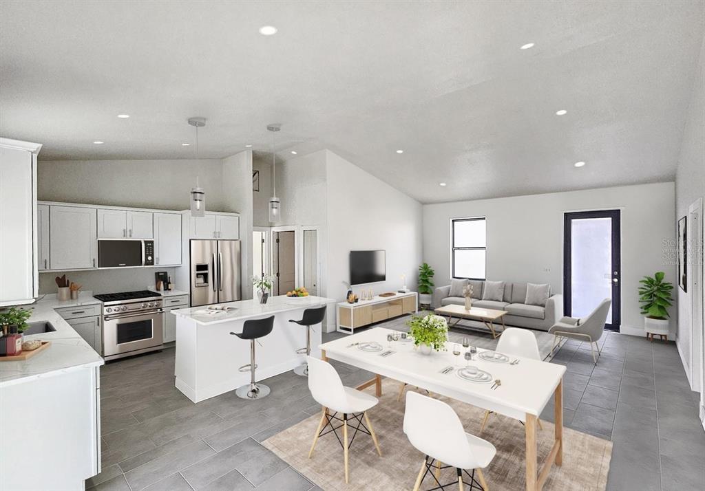 This is a virtual rendering of an open-concept kitchen, dining area, and living room — 8285 AGATE STREET, PORT CHARLOTTE, FL