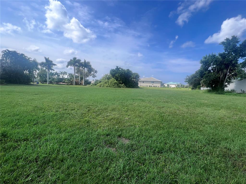 A large, grassy vacant lot features scattered palm trees and surrounding residential homes under blue skies — 24183 SANTA INEZ ROAD, PUNTA GORDA, FL