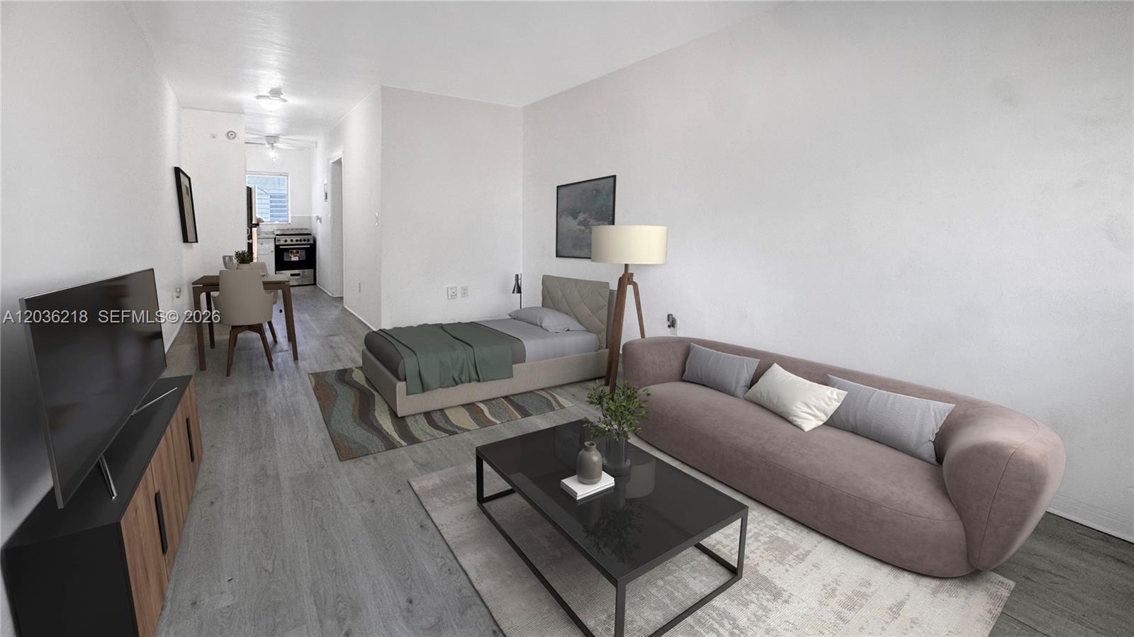 This is a digital rendering of a studio apartment featuring a bed, sofa, and dining area — 7717 Byron Ave # 12, Miami Beach FL 33141, MIAMI BEACH, FL