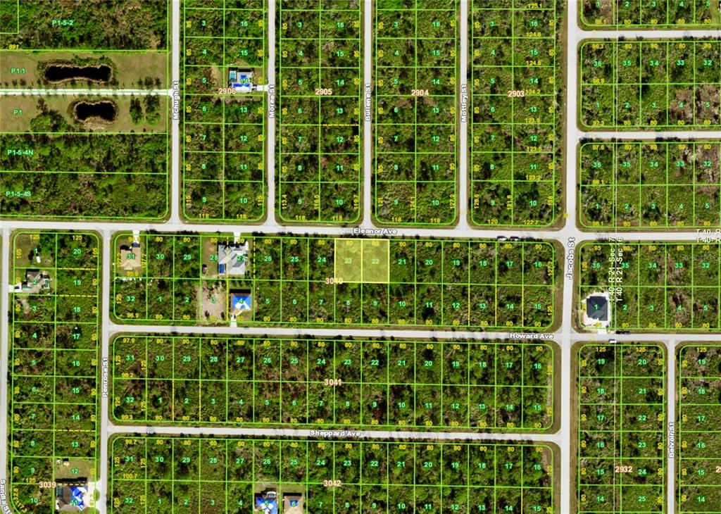 This is an aerial map showing a grid of undeveloped residential land lots — 13451 & 13459 ELEANOR AVENUE, PORT CHARLOTTE, FL