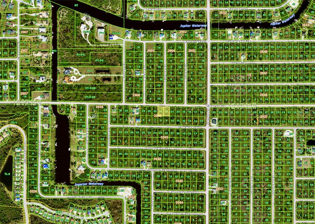 This is a map showing residential lots and waterways in a suburban neighborhood — 13451 & 13459 ELEANOR AVENUE, PORT CHARLOTTE, FL