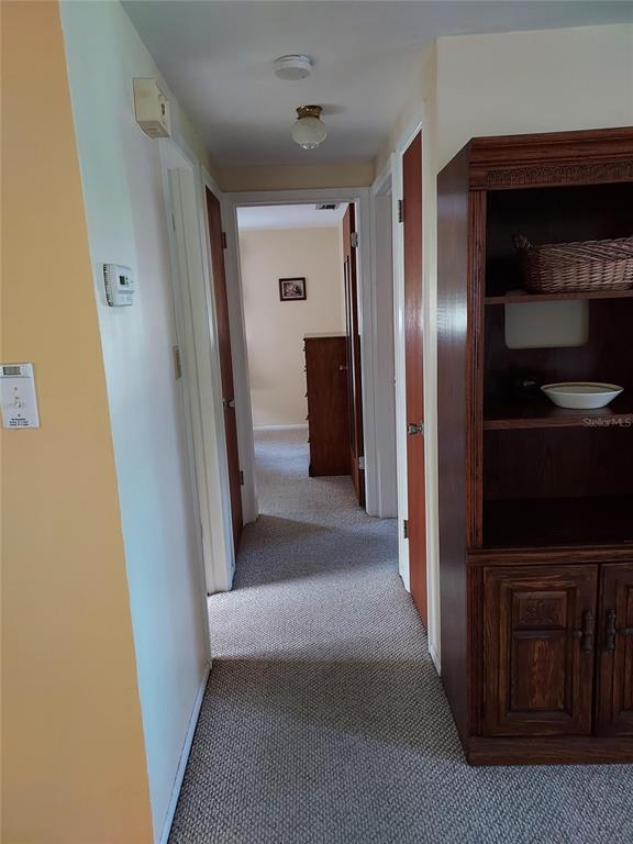 A carpeted hallway leads to a bedroom, featuring wooden doors and a tall wooden cabinet — 1240 CHELSEA LANE, HOLIDAY, FL