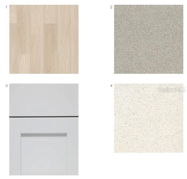 This image shows a material board featuring light wood flooring, gray carpet, white cabinets, and countertops — 390 CORNERSTONE DRIVE, GROVELAND, FL