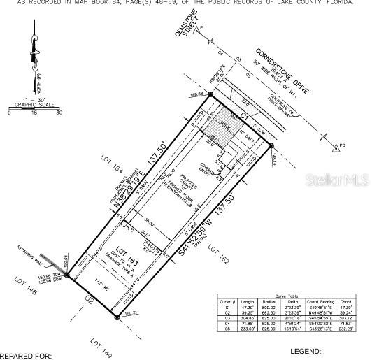 This is a survey map showing the property boundaries and building footprint for Lot 163 — 390 CORNERSTONE DRIVE, GROVELAND, FL