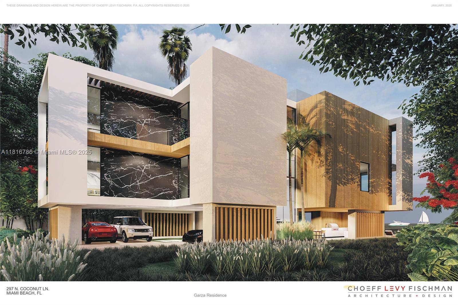 This architectural rendering shows a modern multi-story residence featuring wood paneling, marble accents, and covered parking — 297 N Coconut Ln, Miami Beach FL 33139, MIAMI BEACH, FL