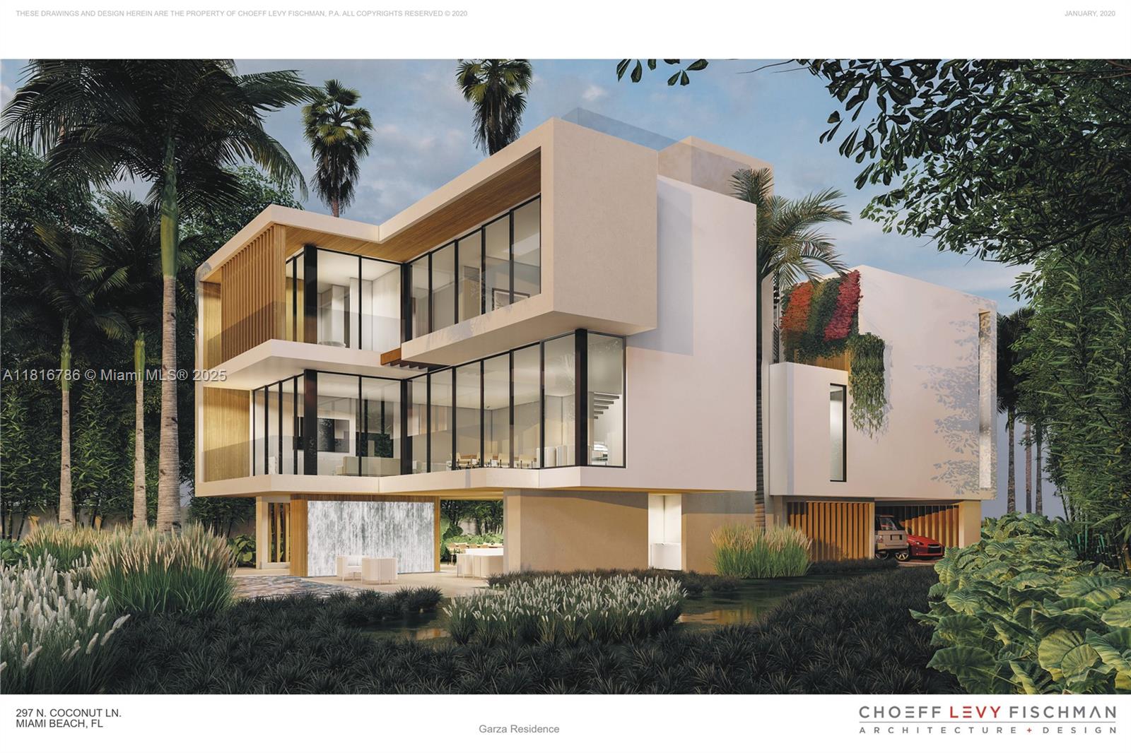 This architectural rendering shows a modern multi-story residence with floor-to-ceiling windows and lush landscaping — 297 N Coconut Ln, Miami Beach FL 33139, MIAMI BEACH, FL