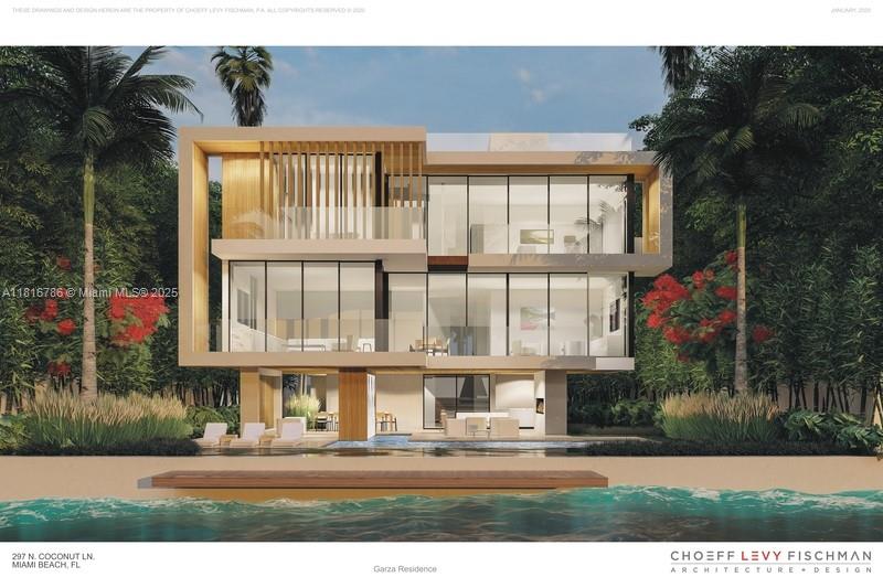 This is a rendering of a modern three-story waterfront residence with floor-to-ceiling glass walls — 297 N Coconut Ln, Miami Beach FL 33139, MIAMI BEACH, FL