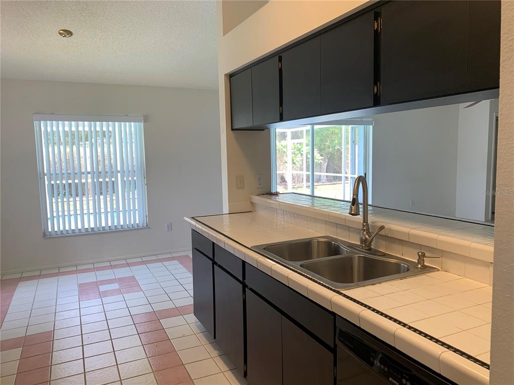 A kitchen with dark cabinets, tiled countertops, and a double sink overlooks a dining area — 11417 GLENMONT DRIVE, TAMPA, FL