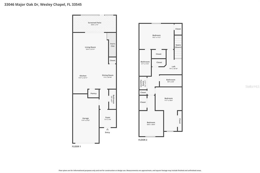 This is a two-story floor plan showing the layout of a residential home — 33046 MAJOR OAK DRIVE, WESLEY CHAPEL, FL