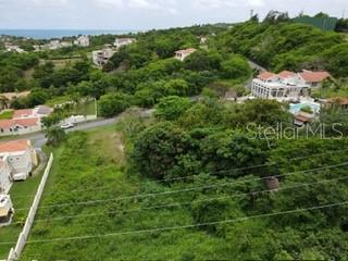 An aerial view shows a vacant, overgrown lot surrounded by residential houses and lush greenery — 1 HARBOURLIGHTS ESTATES EXTENSION UNIT 52, HUMACAO, PR
