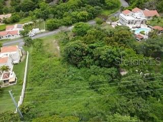 An aerial view shows a vacant, heavily wooded lot situated between residential houses and a road — 1 HARBOURLIGHTS ESTATES EXTENSION UNIT 52, HUMACAO, PR