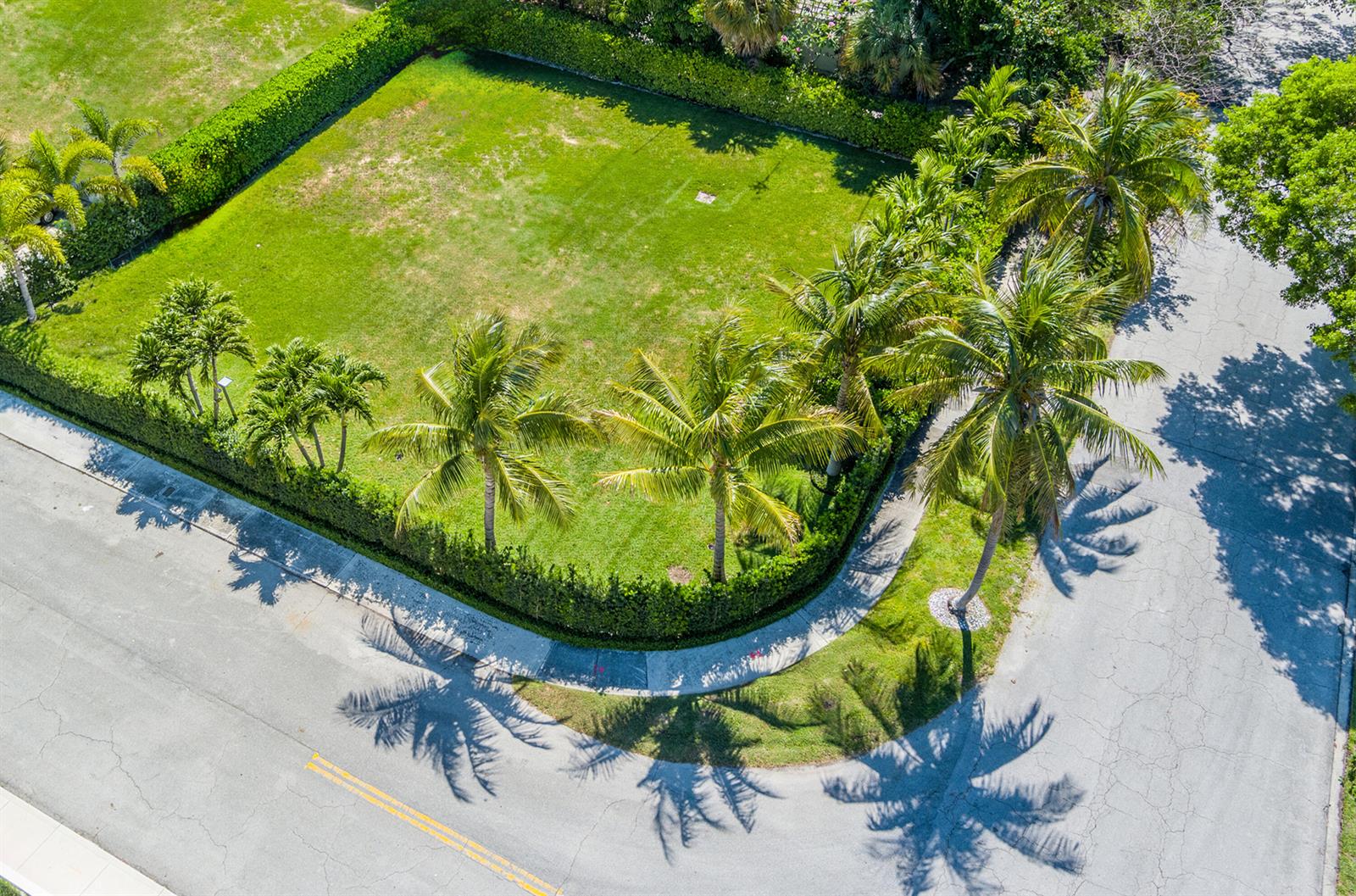 An aerial view shows a corner residential lot with palm trees and a perimeter hedge — 8001 Arlington Place, West Palm Beach FL 33405, WEST PALM BEACH, FL