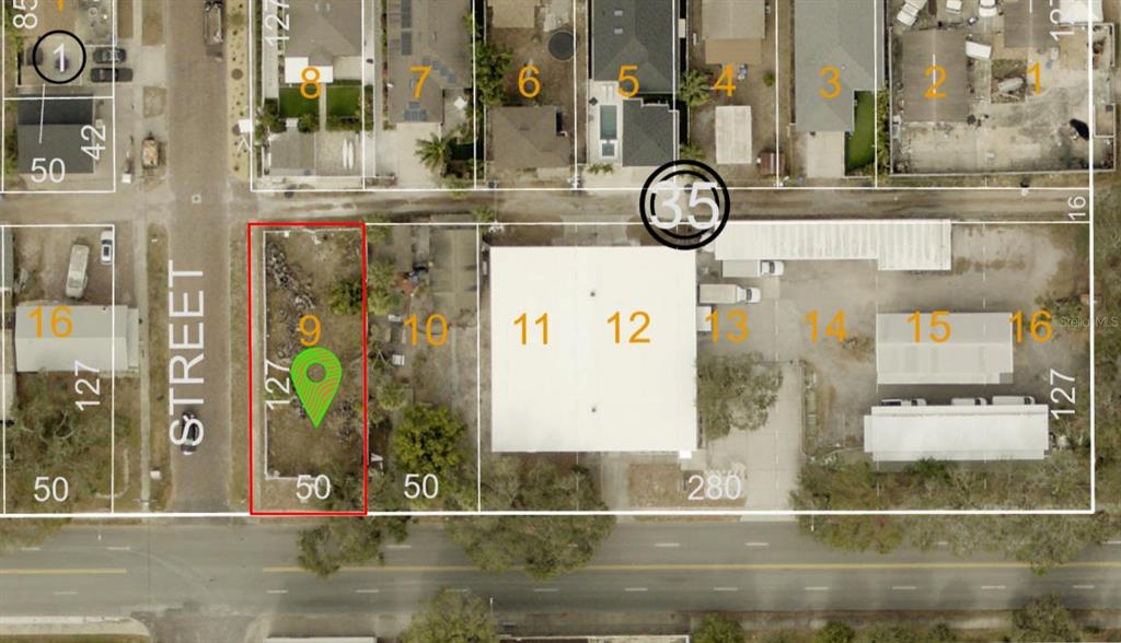 This is a map showing a rectangular plot of land highlighted in red — 2363 5TH AVENUE S, ST PETERSBURG, FL