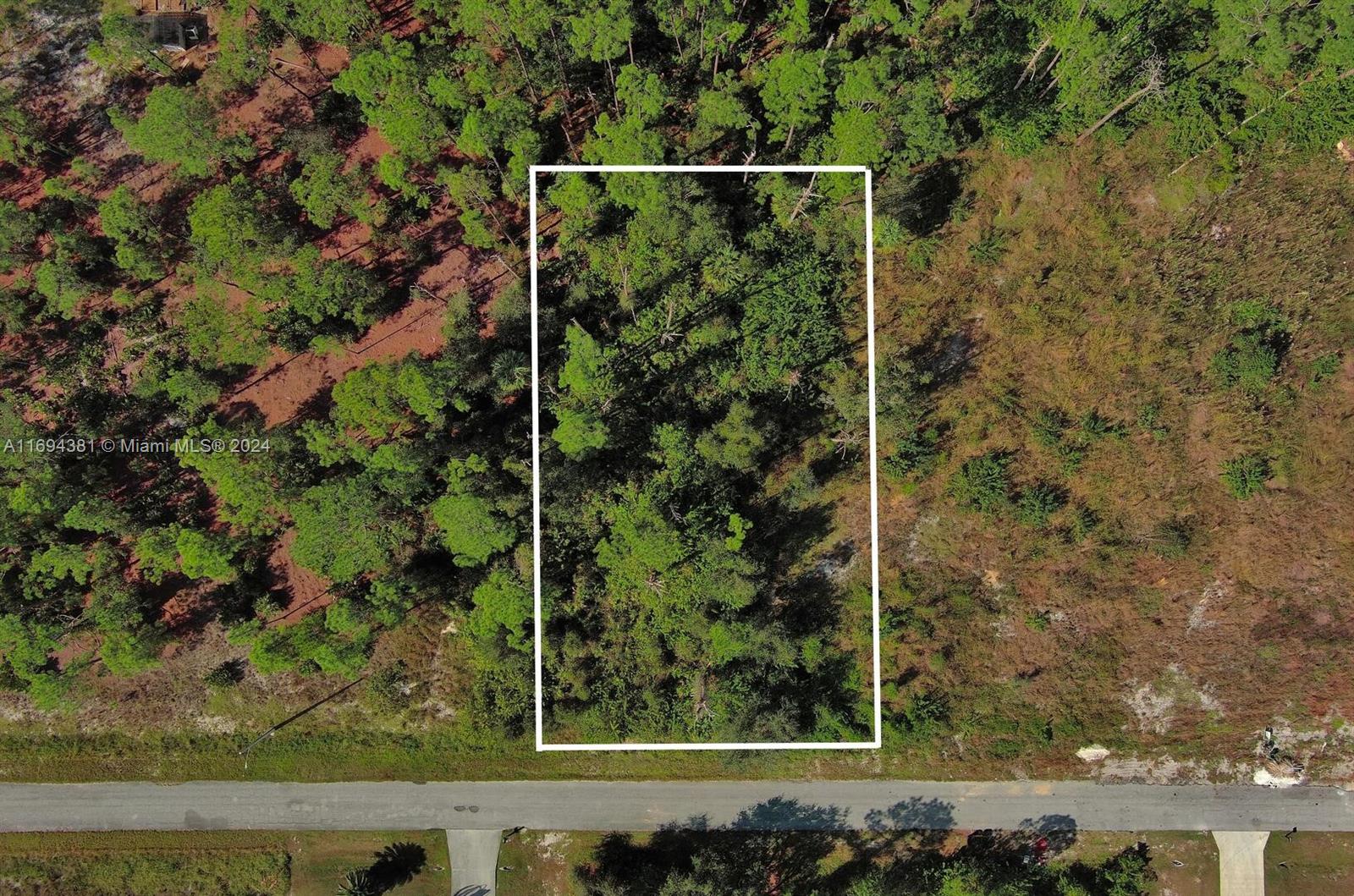 An aerial view shows a rectangular, tree-covered vacant lot bordered by a paved road — 1515 Glenn Ave, Lehigh Acres FL 33972, LEHIGH ACRES, FL