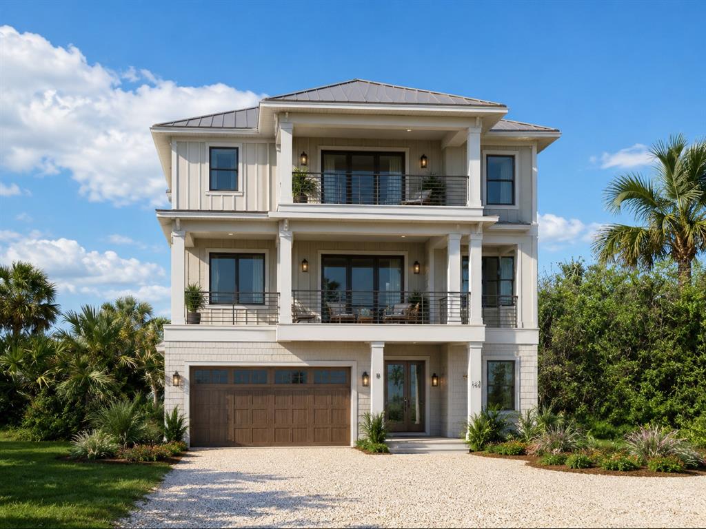 A three-story coastal home features a gravel driveway, a garage, and two stacked balconies — 6000 S ATLANTIC AVENUE, NEW SMYRNA BEACH, FL