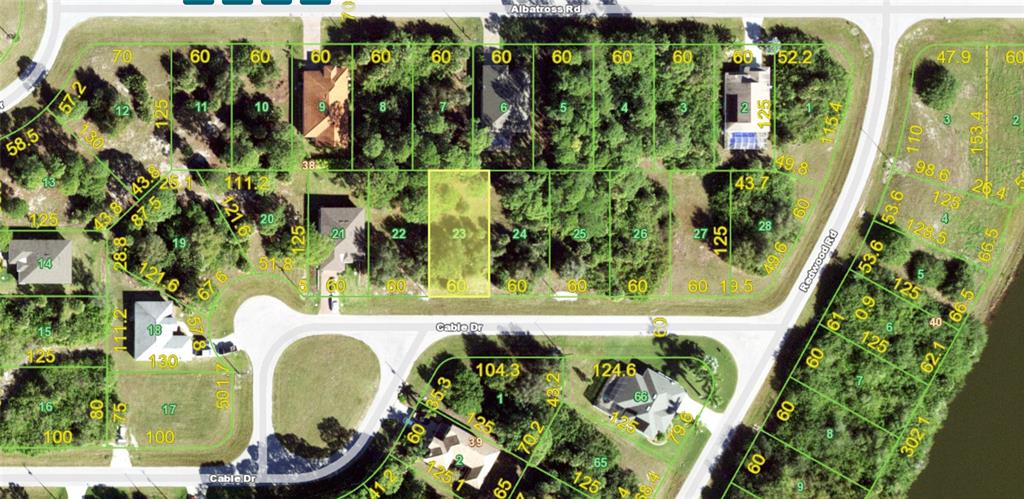 This is a satellite map showing residential lots and streets in a suburban neighborhood — 118 CABLE DRIVE, ROTONDA WEST, FL