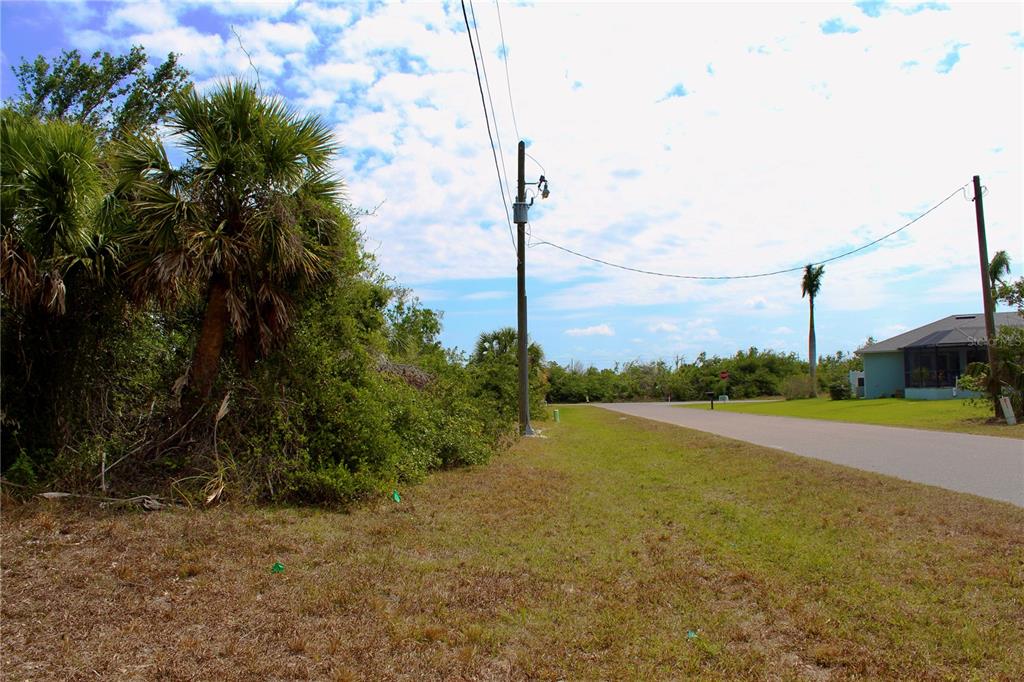 A vacant, grassy lot sits beside a paved road with utility poles and nearby palm trees — 118 CABLE DRIVE, ROTONDA WEST, FL