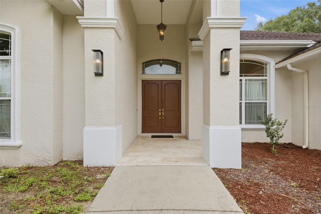 The exterior entrance features a concrete walkway leading to double brown doors under a portico — 17127 BROWN ROAD, ODESSA, FL