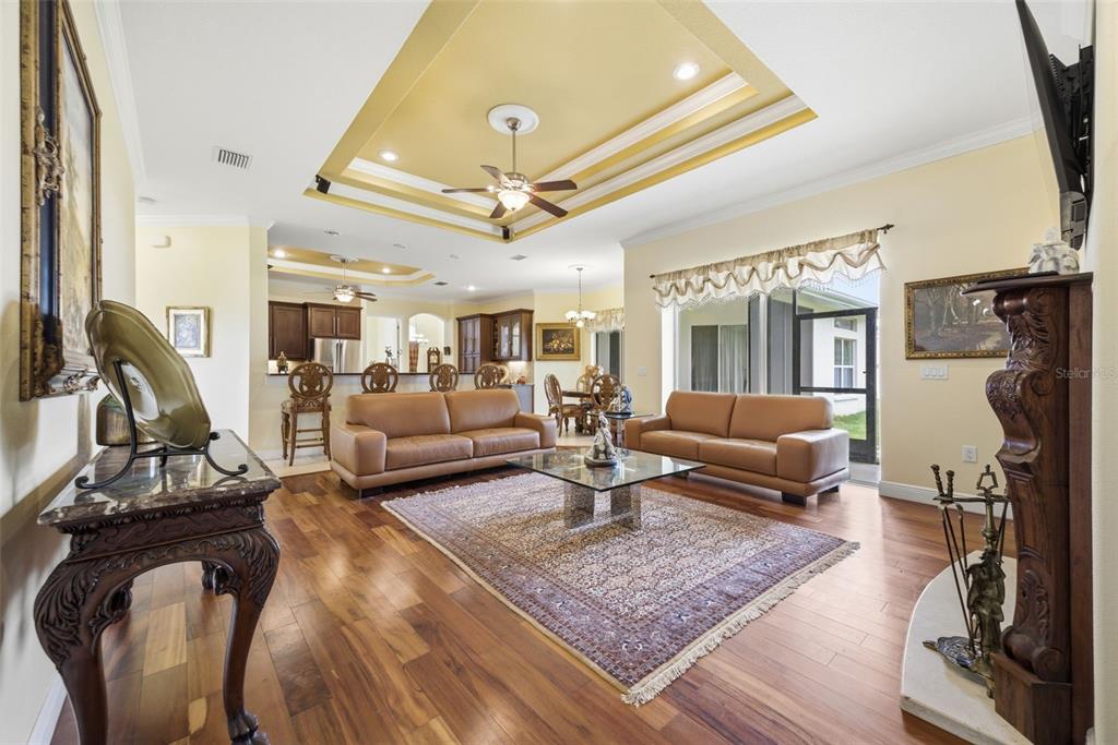 A spacious living room with hardwood floors, two leather sofas, and a tray ceiling — 17127 BROWN ROAD, ODESSA, FL