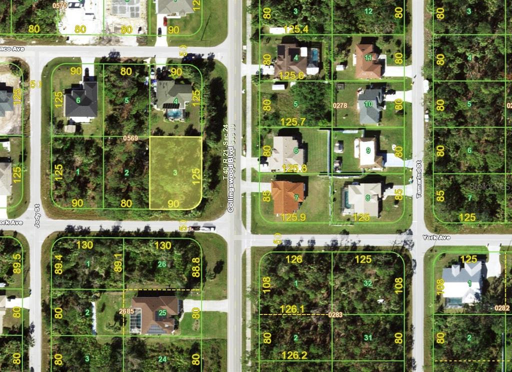 This is an aerial map showing residential property lots and street layouts — 17526 YORK AVENUE, PORT CHARLOTTE, FL