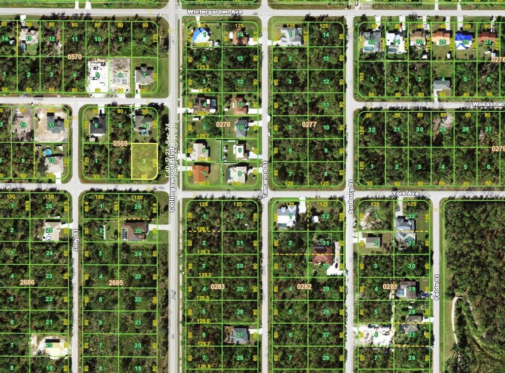 This is an aerial map showing residential lots, streets, and houses in a suburban neighborhood — 17526 YORK AVENUE, PORT CHARLOTTE, FL