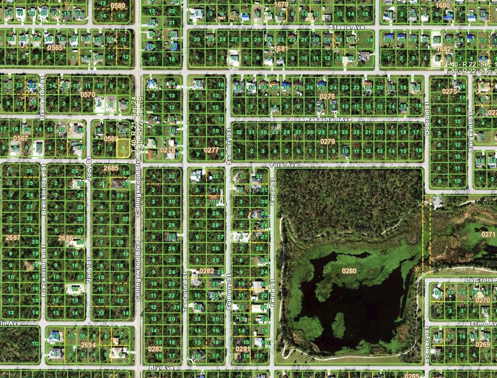 This is a map showing residential property lots, streets, and a pond — 17526 YORK AVENUE, PORT CHARLOTTE, FL