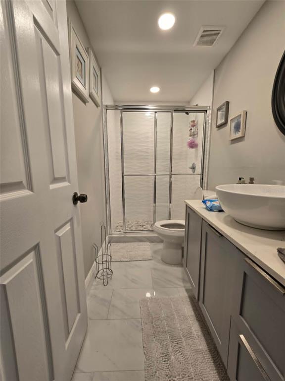 A bathroom features a gray vanity with a vessel sink, a toilet, and a glass-enclosed shower — 244 LEXINGTON DRIVE, DAYTONA BEACH, FL