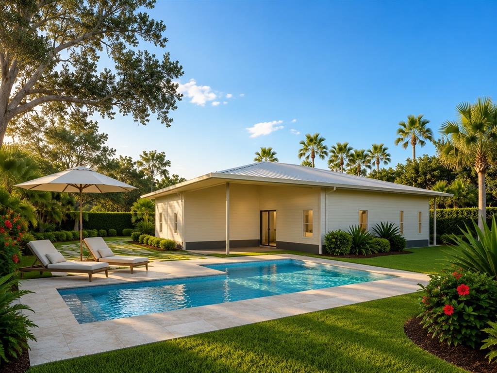 This is a rendering of a backyard featuring a swimming pool, patio, and detached building — 2377 CROCKETT STREET, PORT CHARLOTTE, FL
