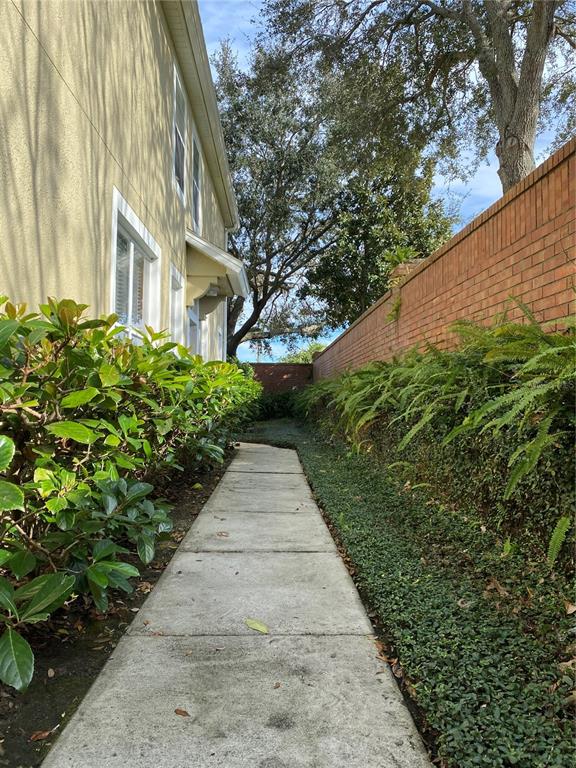 A concrete walkway runs between a yellow house and a tall brick wall — 2632 GALLIANO CIRCLE, WINTER PARK, FL