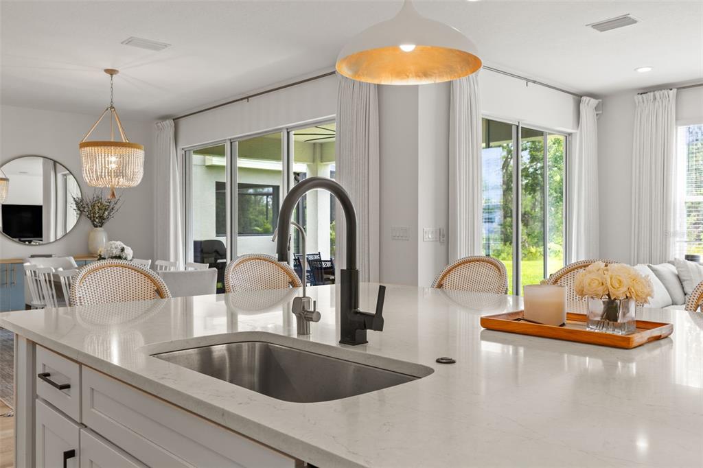 A kitchen island with a stainless steel sink and dark faucet sits in a bright room — 3541 GREAT BANYAN WAY, WESLEY CHAPEL, FL