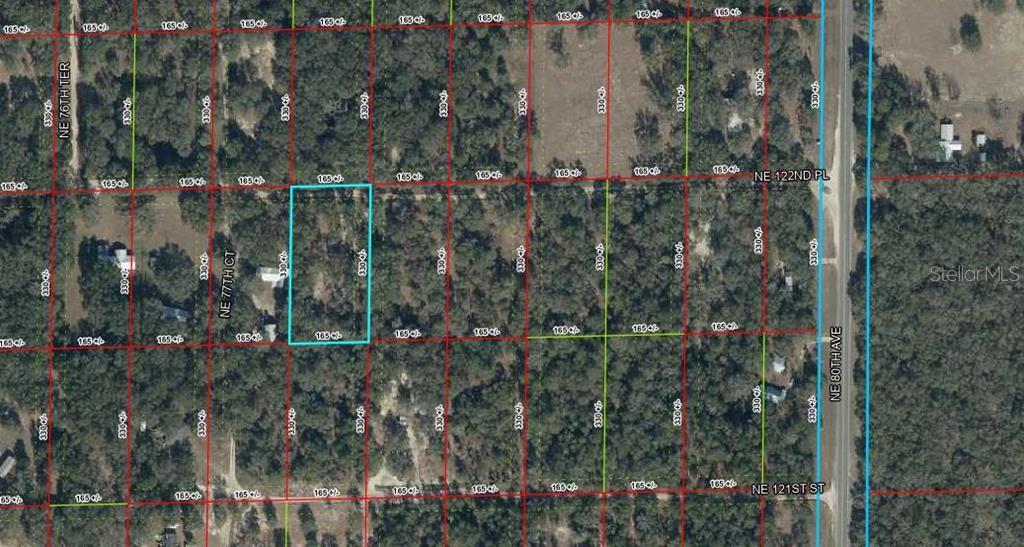 This is an aerial map showing a rectangular plot of land outlined in blue — 7770 NE 122ND PLACE, BRONSON, FL