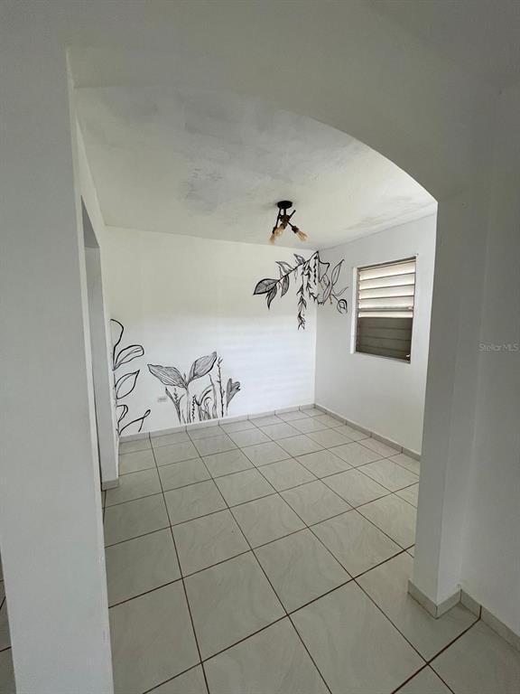 A room with white walls, tiled floors, a ceiling light fixture, and black botanical wall art — 51 CALLE PARQUE, AGUADILLA, PR