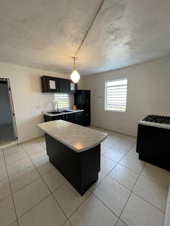 A kitchen features dark cabinets, a central island with a light countertop, and tiled flooring — 51 CALLE PARQUE, AGUADILLA, PR