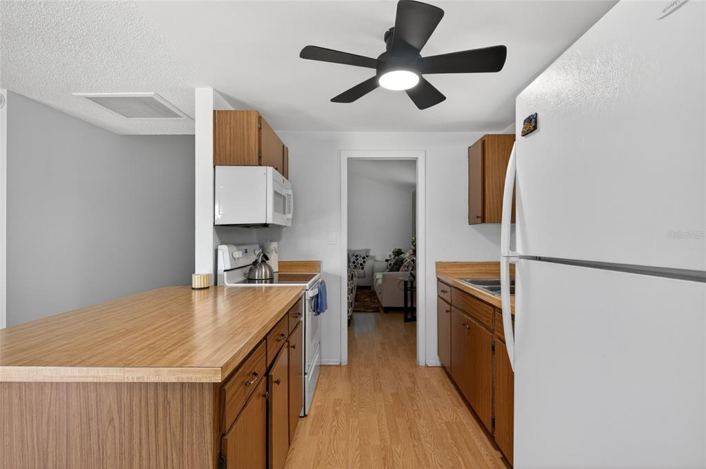 A kitchen features wood cabinets, laminate countertops, a white refrigerator, and a ceiling fan — 6401 REGATTA COURT, TAMPA, FL