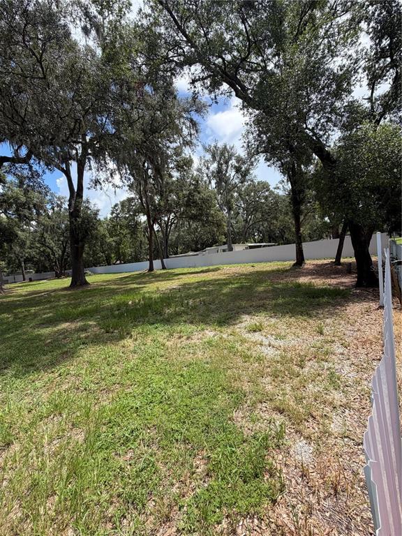 A grassy, tree-filled lot is enclosed by a white fence under a blue sky — 11310 BRIGHTRIDGE DRIVE, SEFFNER, FL