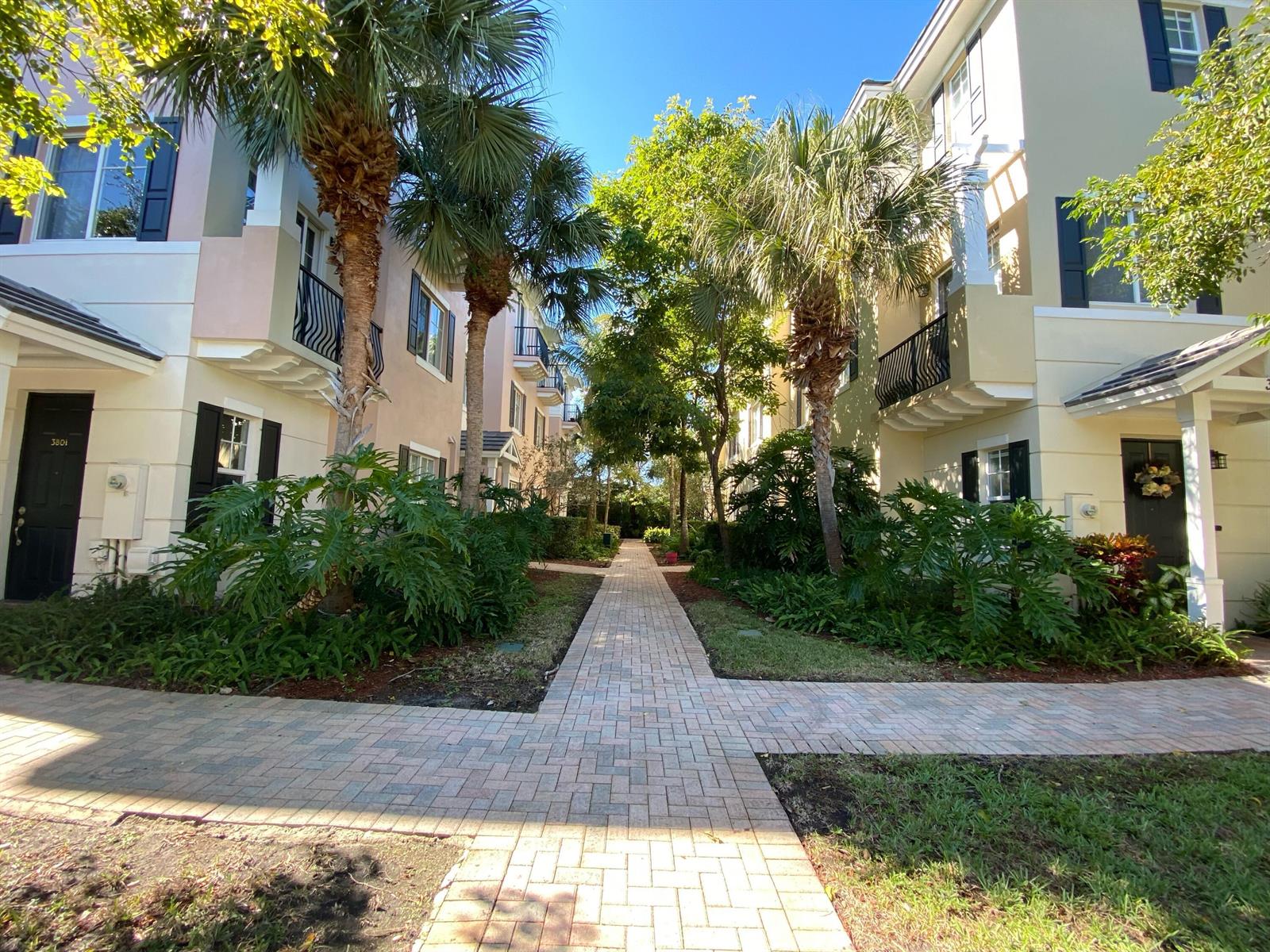 A brick walkway leads between two multi-story residential buildings surrounded by palm trees and landscaping — 3803 NW 5th Terrace, Boca Raton FL 33431, BOCA RATON, FL