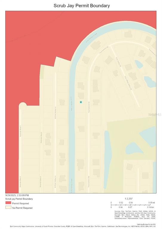 This map shows a property location in relation to a Scrub Jay permit boundary — 155 & 157 TOURNAMENT ROAD, ROTONDA WEST, FL